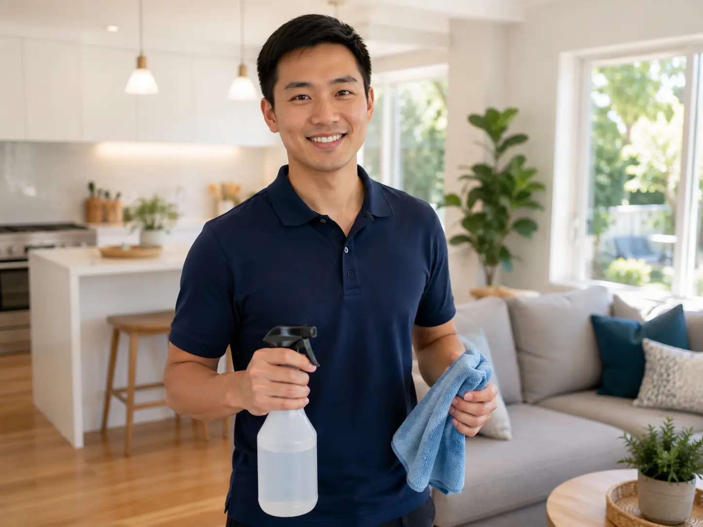A smiling Velnora cleaner holding a spray bottle and microfibre cloth in a tidy home